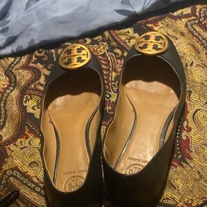 Tory Burch Black Leather Logo Ballet Flats with Gold Emblem